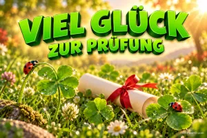 Kleeblätter, Marienkäfer und eine Schriftrolle mit roter Schleife auf einer Blumenwiese unter "VIEL GLÜCK ZUR PRÜFUNG".