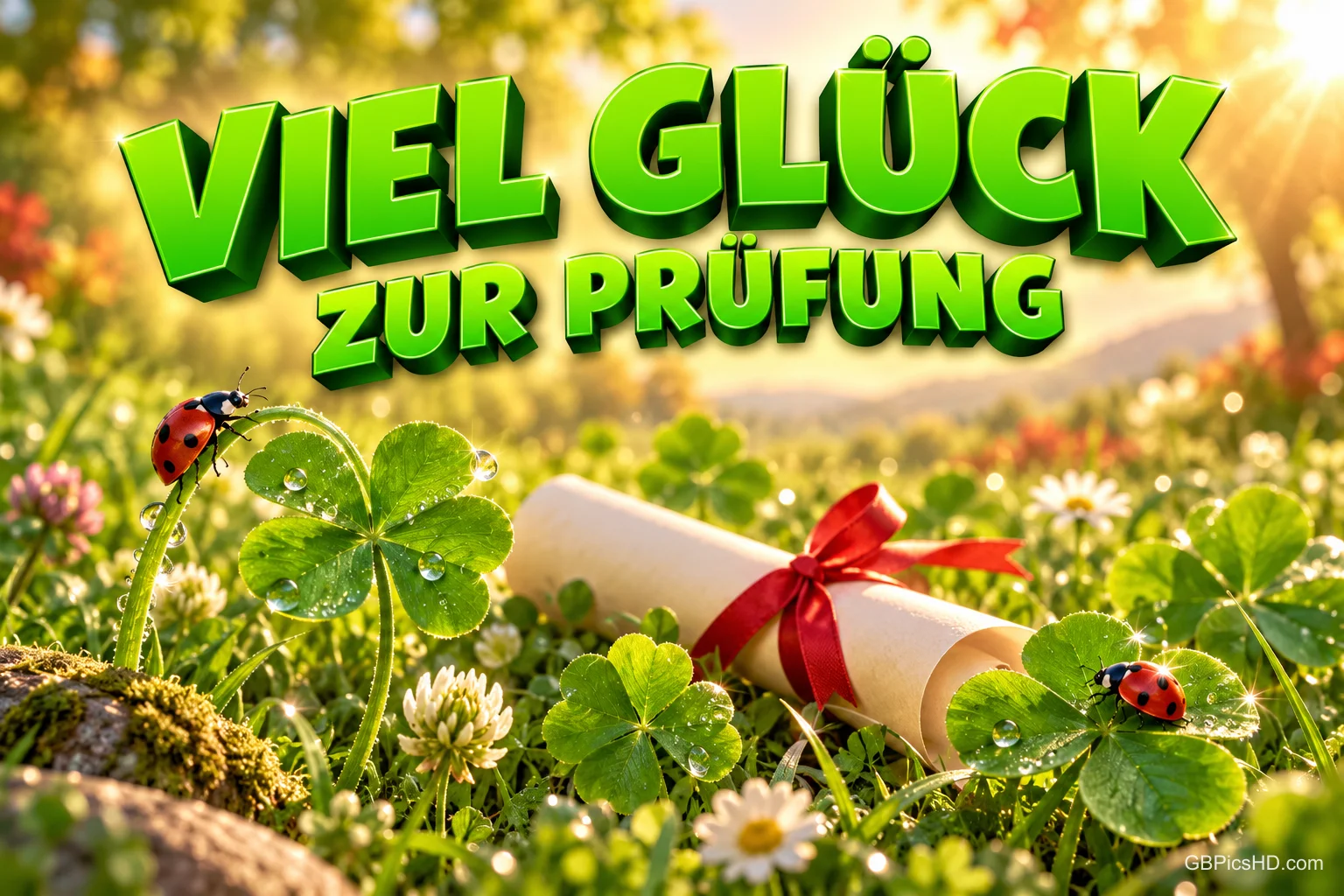 Kleeblätter, Marienkäfer und eine Schriftrolle mit roter Schleife auf einer Blumenwiese unter "VIEL GLÜCK ZUR PRÜFUNG".