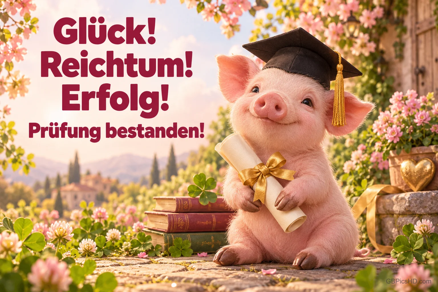Ein Ferkel mit Doktorhut hält ein Diplom neben Büchern und Blumen: "Glück! Reichtum! Erfolg! Prüfung bestanden!".