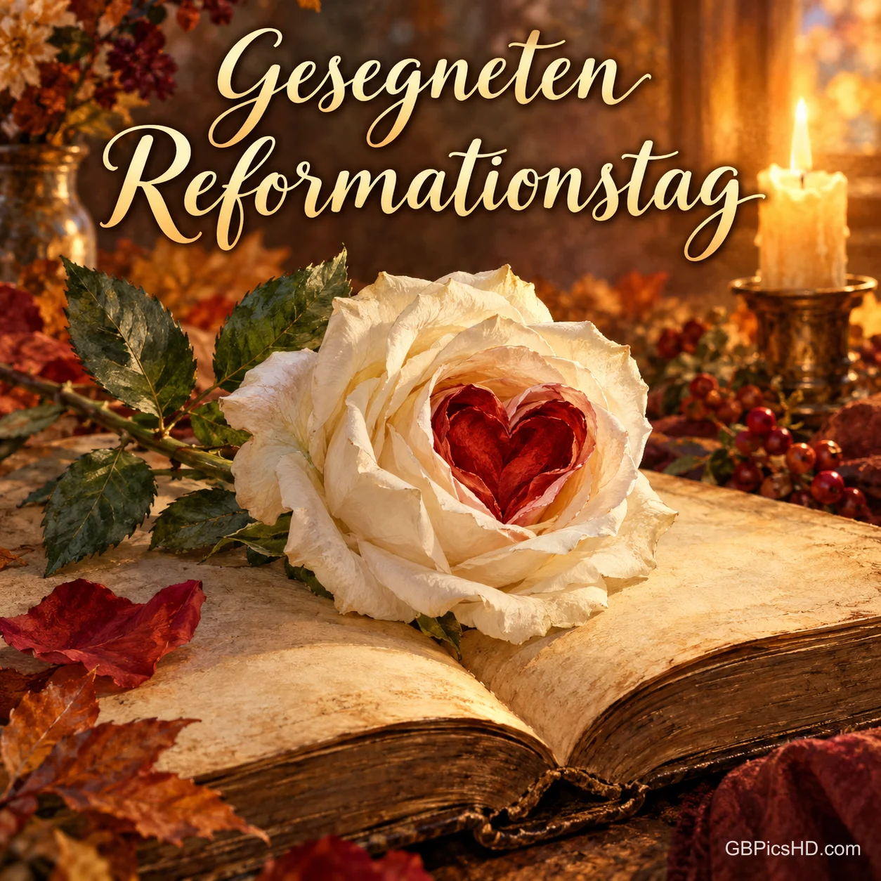 Eine weiße Rose mit rotem, herzförmigem Kern liegt im Kerzenschein auf einem alten aufgeschlagenen Buch, darüber "Gesegneten Reformationstag". Eine weiße Rose mit rotem, herzförmigem Kern liegt im Kerzenschein auf einem alten aufgeschlagenen Buch, darüber "Gesegneten Reformationstag".