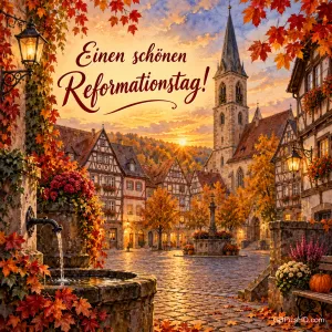 Ein historischer Marktplatz mit Fachwerkhäusern, Brunnen und Kirchturm im herbstlichen Abendlicht mit dem Gruß "Einen schönen Reformationstag!".