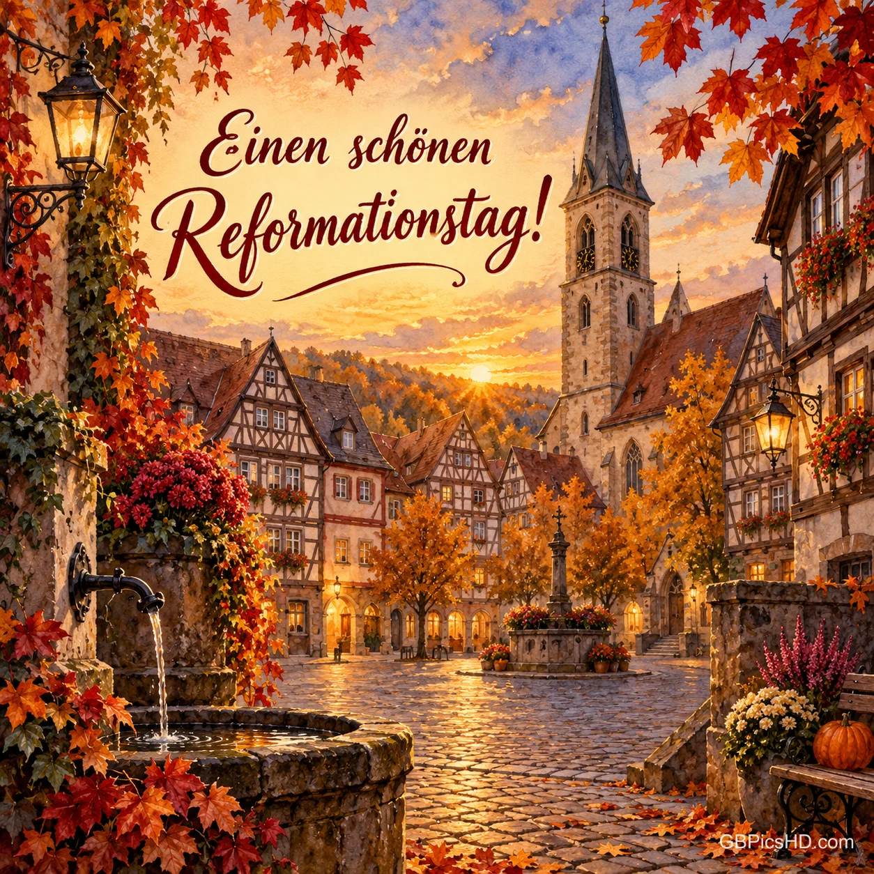 Ein historischer Marktplatz mit Fachwerkhäusern, Brunnen und Kirchturm im herbstlichen Abendlicht mit dem Gruß "Einen schönen Reformationstag!". Ein historischer Marktplatz mit Fachwerkhäusern, Brunnen und Kirchturm im herbstlichen Abendlicht mit dem Gruß "Einen schönen Reformationstag!".