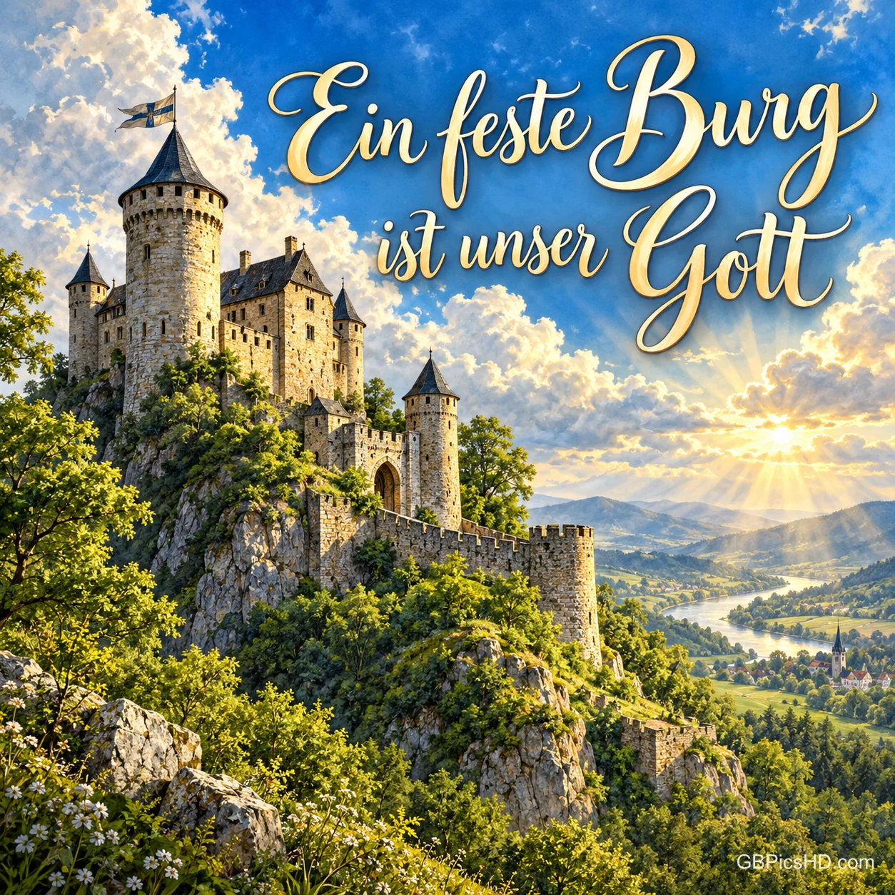 Eine alte Steinburg auf einem grünen Hügel über einem Flusstal, Sonnenstrahlen brechen durch die Wolken, dazu "Ein feste Burg ist unser Gott". Eine alte Steinburg auf einem grünen Hügel über einem Flusstal, Sonnenstrahlen brechen durch die Wolken, dazu "Ein feste Burg ist unser Gott".