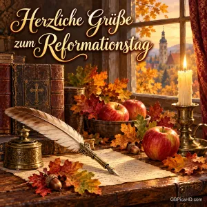 Ein Schreibtisch am Fenster mit Federkiel, Tintenfass, alten Büchern, Äpfeln, Eichenlaub und brennender Kerze, darüber "Herzliche Grüße zum Reformationstag".