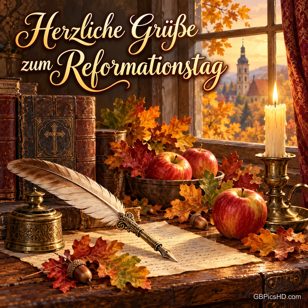 Ein Schreibtisch am Fenster mit Federkiel, Tintenfass, alten Büchern, Äpfeln, Eichenlaub und brennender Kerze, darüber "Herzliche Grüße zum Reformationstag". Ein Schreibtisch am Fenster mit Federkiel, Tintenfass, alten Büchern, Äpfeln, Eichenlaub und brennender Kerze, darüber "Herzliche Grüße zum Reformationstag".