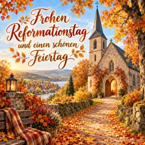 Ein laubbedeckter Weg führt zu einer kleinen Dorfkirche mit offener Tür zwischen bunten Herbstbäumen, dazu "Frohen Reformationstag und einen schönen Feiertag".