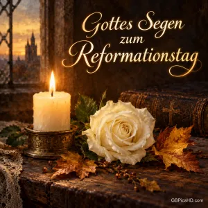 Eine brennende Kerze neben einer weißen Rose und goldenen Herbstblättern auf dunklem Holz mit dem Gruß "Gottes Segen zum Reformationstag".