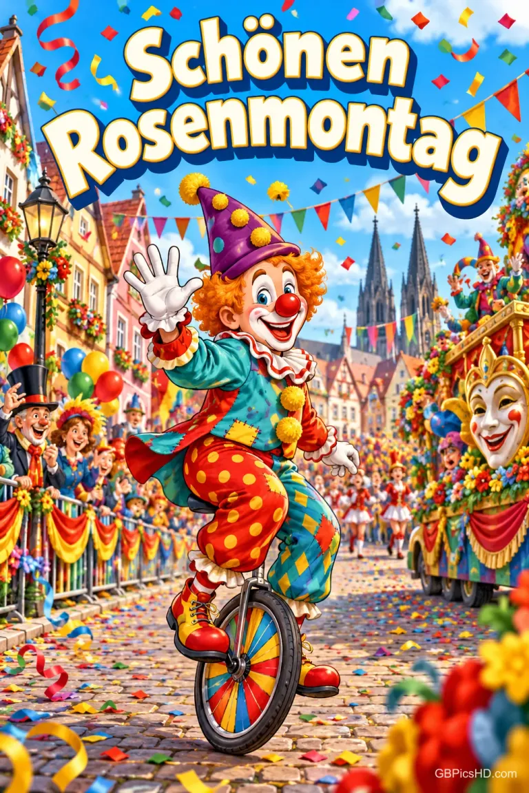 Fröhlicher Clown mit Zipfelmütze fährt winkend auf einem Einrad durch einen bunten Karnevalszug mit Festwagen, Konfetti und Domtürmen, darüber "Schönen Rosenmontag"