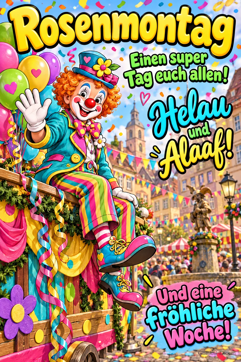 Lachender Clown mit Hut und gestreifter Hose sitzt winkend auf einem geschmückten Festwagen mit Luftballons auf einem Marktplatz voller Wimpel und Narren Lachender Clown mit Hut und gestreifter Hose sitzt winkend auf einem geschmückten Festwagen mit Luftballons auf einem Marktplatz voller Wimpel und Narren