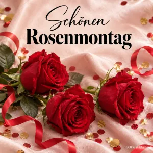 Drei rote Rosen auf glänzendem rosa Satin mit roten Luftschlangen und goldenem Konfetti, darüber der elegante Schriftzug "Schönen Rosenmontag"