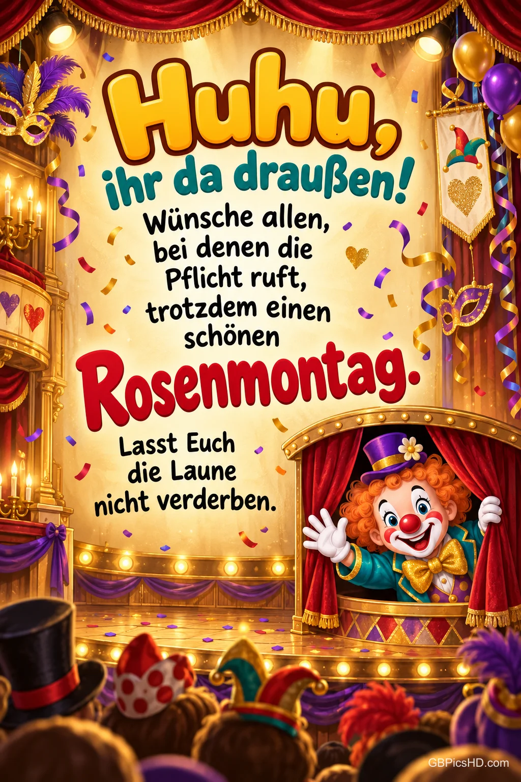 Clown winkt aus einem Fenster auf einer festlich geschmückten Karnevalsbühne mit Vorhängen, Masken und Luftschlangen, dazu ein Rosenmontagsgruß an alle, die arbeiten müssen Clown winkt aus einem Fenster auf einer festlich geschmückten Karnevalsbühne mit Vorhängen, Masken und Luftschlangen, dazu ein Rosenmontagsgruß an alle, die arbeiten müssen