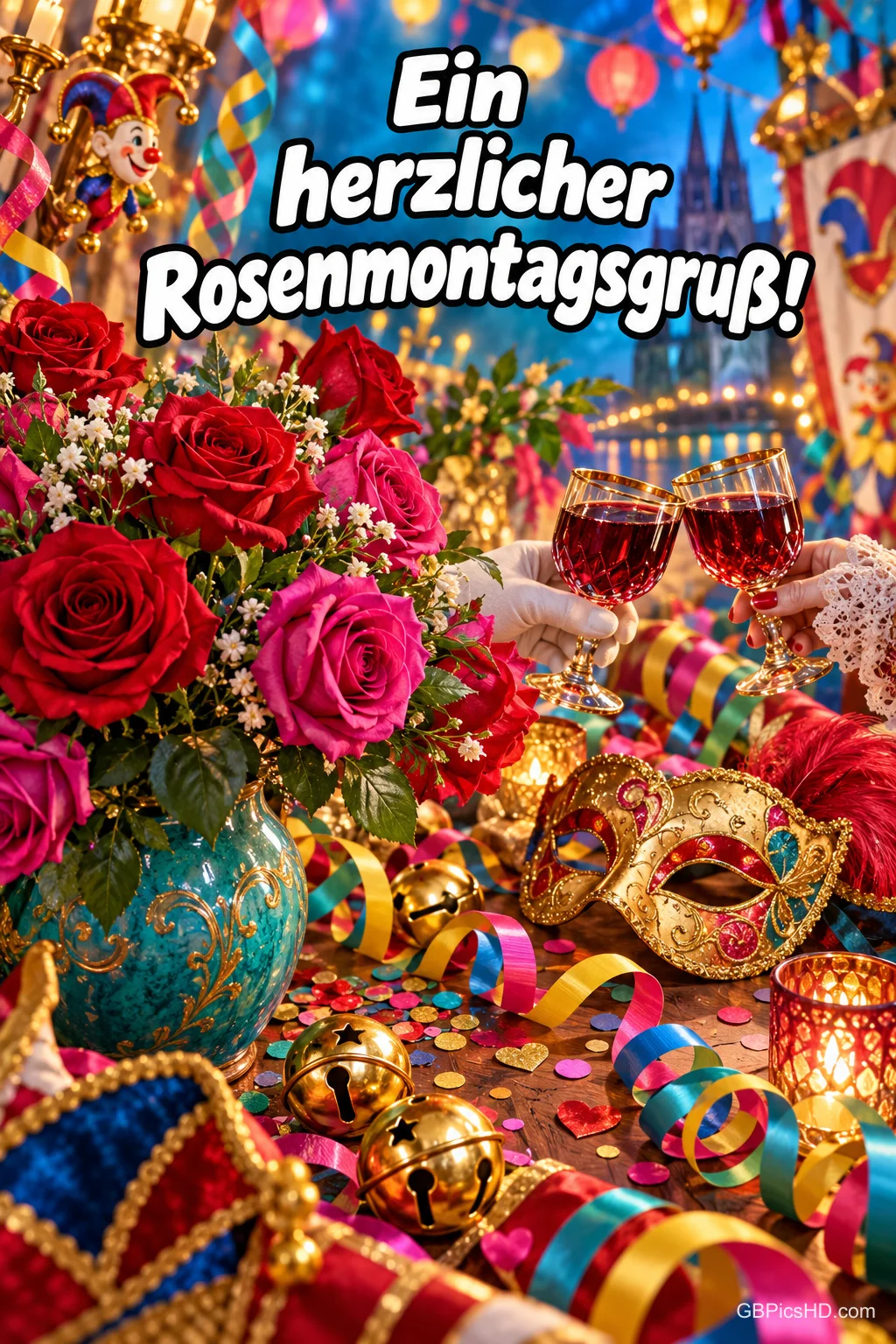 Zwei Hände in weißen Handschuhen stoßen mit Rotweingläsern an, davor Rosen, goldene Masken, Glöckchen und Luftschlangen, dahinter Domtürme, dazu "Ein herzlicher Rosenmontagsgruß!" Zwei Hände in weißen Handschuhen stoßen mit Rotweingläsern an, davor Rosen, goldene Masken, Glöckchen und Luftschlangen, dahinter Domtürme, dazu "Ein herzlicher Rosenmontagsgruß!"