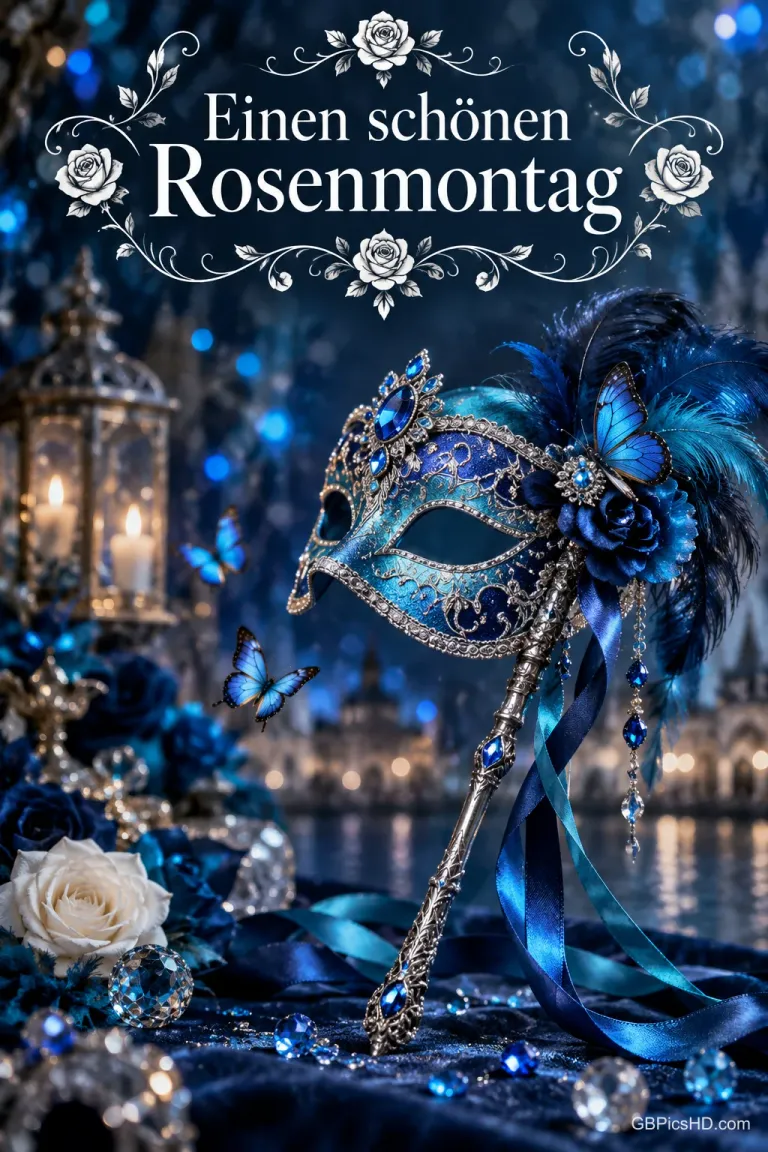 Blaue venezianische Stabmaske mit Federn, Schmetterlingen und Glitzersteinen vor Kerzenlicht und nächtlicher Kulisse, dazu der Gruß "Einen schönen Rosenmontag"