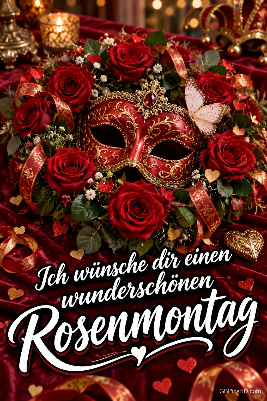 Rote Karnevalsmaske mit Goldverzierung zwischen roten Rosen, Luftschlangen und Herzen, dazu der Text "Ich wünsche dir einen wunderschönen Rosenmontag" Rote Karnevalsmaske mit Goldverzierung zwischen roten Rosen, Luftschlangen und Herzen, dazu der Text "Ich wünsche dir einen wunderschönen Rosenmontag"
