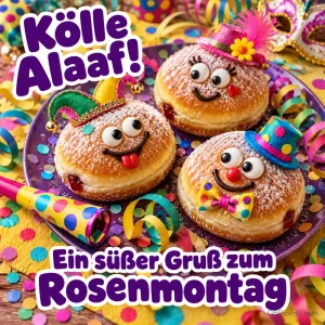 Drei lustige Berliner mit Gesichtern und Narrenhütchen auf einem Teller voller Konfetti und Luftschlangen, dazu "Kölle Alaaf!" und "Ein süßer Gruß zum Rosenmontag"