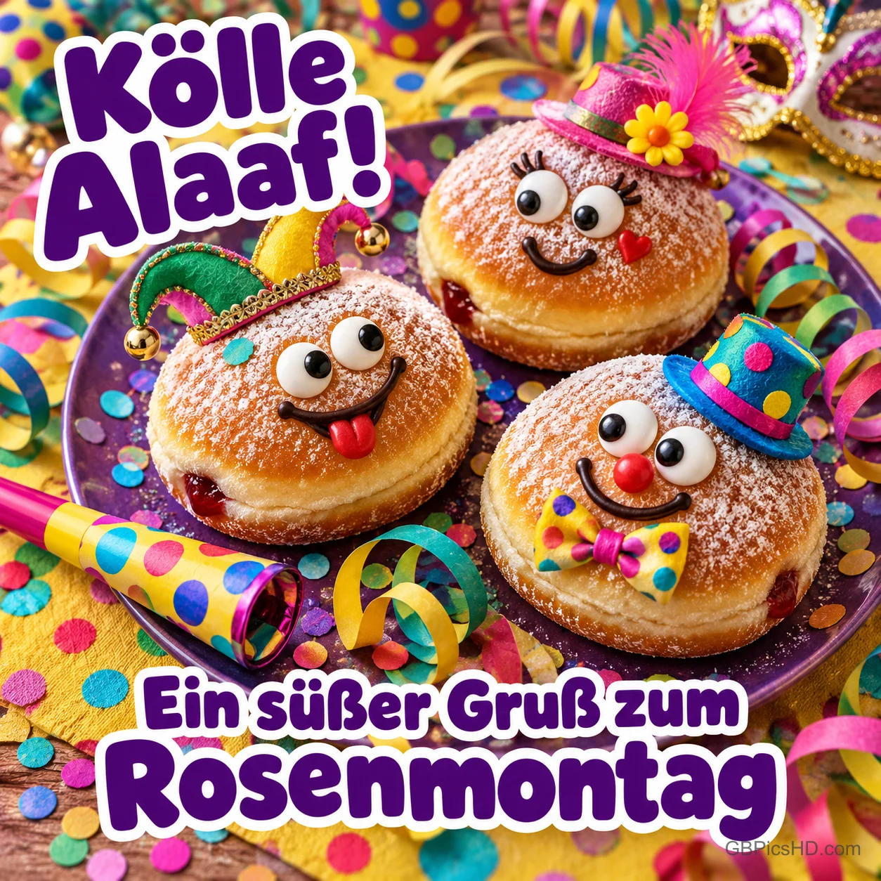 Drei lustige Berliner mit Gesichtern und Narrenhütchen auf einem Teller voller Konfetti und Luftschlangen, dazu "Kölle Alaaf!" und "Ein süßer Gruß zum Rosenmontag" Drei lustige Berliner mit Gesichtern und Narrenhütchen auf einem Teller voller Konfetti und Luftschlangen, dazu "Kölle Alaaf!" und "Ein süßer Gruß zum Rosenmontag"