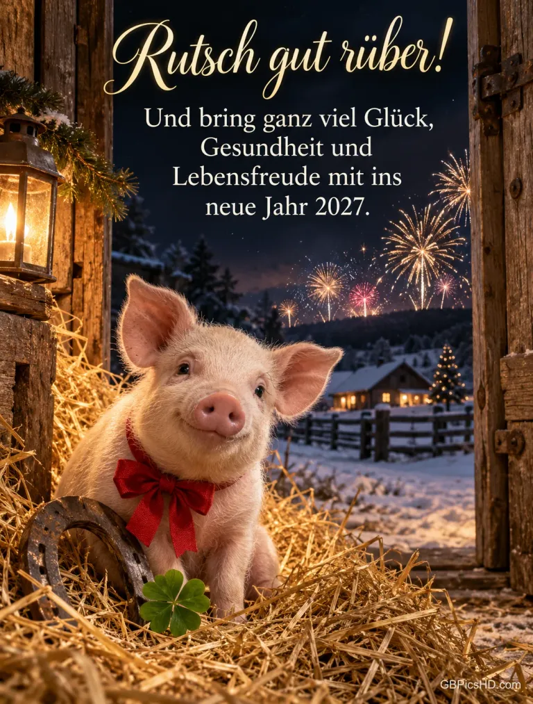 Ein Ferkel mit roter Schleife sitzt mit Hufeisen und Kleeblatt im Stroh, draußen leuchtet Feuerwerk, dazu "Rutsch gut rüber!".
