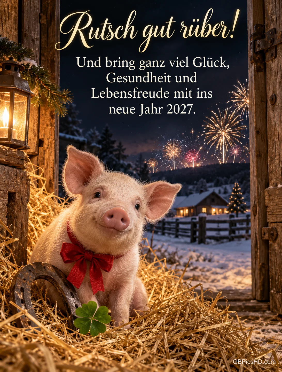 Ein Ferkel mit roter Schleife sitzt mit Hufeisen und Kleeblatt im Stroh, draußen leuchtet Feuerwerk, dazu "Rutsch gut rüber!".