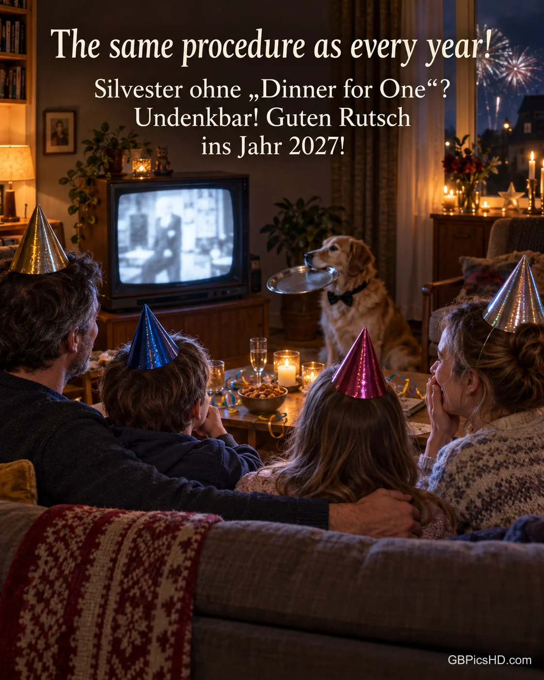 Eine Familie mit Partyhüten sitzt, von hinten gesehen, auf dem Sofa und lacht über den alten Schwarzweiß-Fernseher, daneben sitzt der Hund mit Fliege und Tablett wie ein Butler, dazu "The same procedure as every year!". Eine Familie mit Partyhüten sitzt, von hinten gesehen, auf dem Sofa und lacht über den alten Schwarzweiß-Fernseher, daneben sitzt der Hund mit Fliege und Tablett wie ein Butler, dazu "The same procedure as every year!".