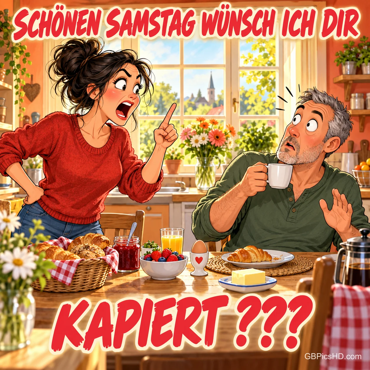 Eine Frau hebt beim Frühstück den Zeigefinger, ein Mann schaut erschrocken: "SCHÖNEN SAMSTAG WÜNSCH ICH DIR KAPIERT ???".