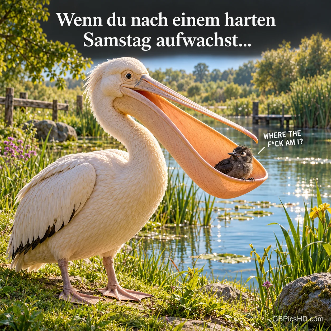 Ein Pelikan hält einen kleinen Vogel im offenen Schnabel: "Wenn du nach einem harten Samstag aufwachst...".