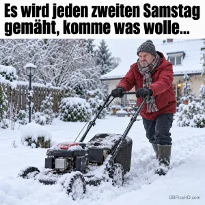 Ein Mann schiebt einen Rasenmäher durch tiefen Schnee: "Es wird jeden zweiten Samstag gemäht, komme was wolle...".