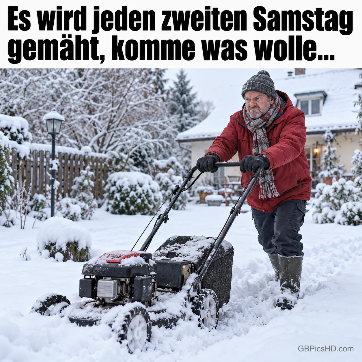 Ein Mann schiebt einen Rasenmäher durch tiefen Schnee: "Es wird jeden zweiten Samstag gemäht, komme was wolle...".