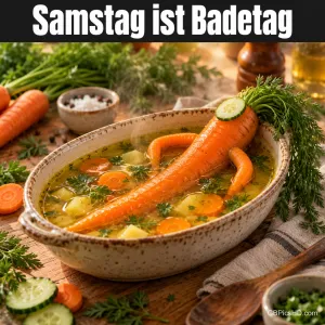 Eine Karotte mit Gurkenscheibe liegt wie ein Badegast in einer Schüssel Suppe: "Samstag ist Badetag".