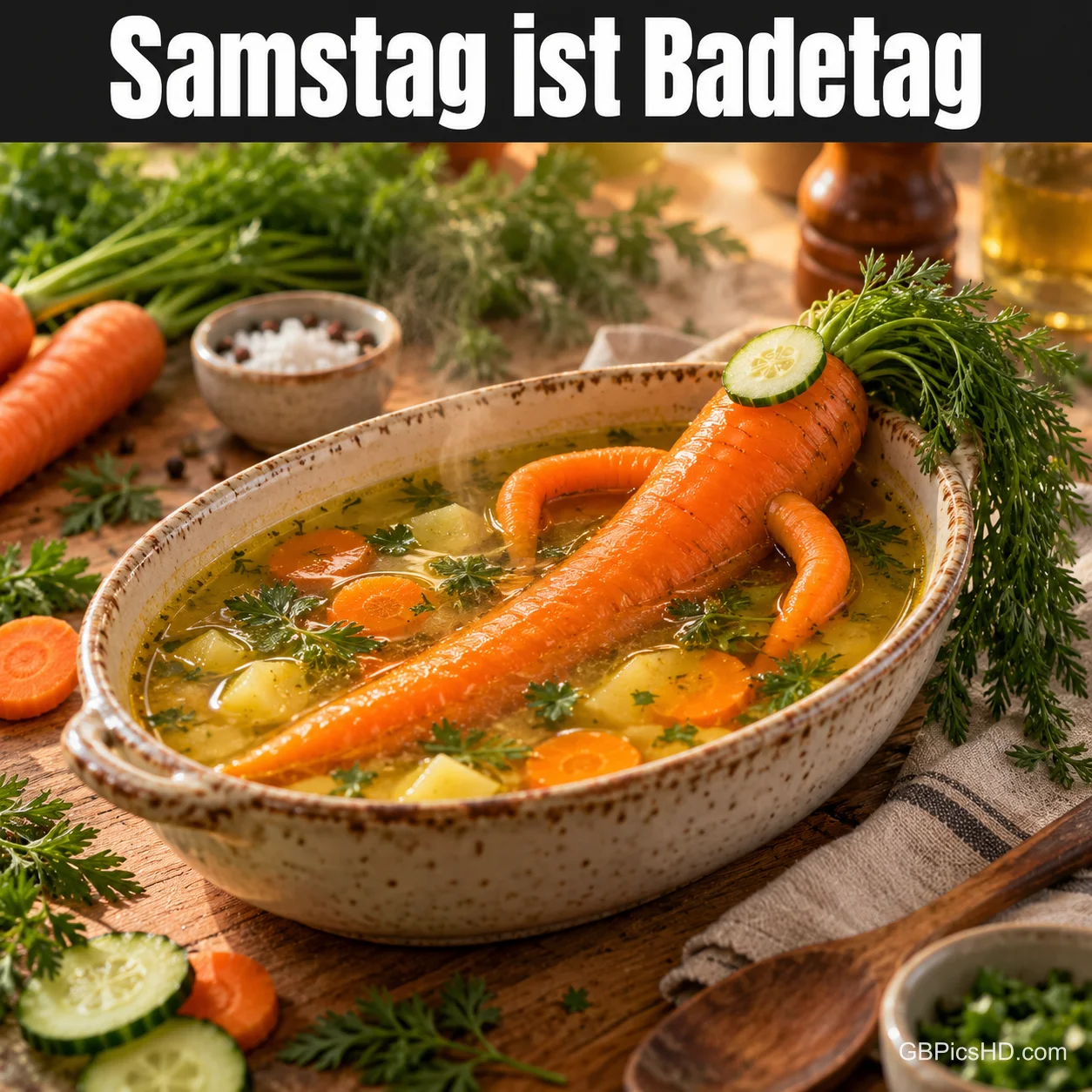 Eine Karotte mit Gurkenscheibe liegt wie ein Badegast in einer Schüssel Suppe: "Samstag ist Badetag".