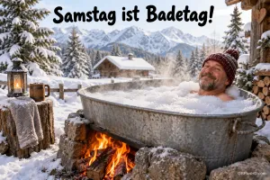 Ein Mann mit Wollmütze badet draußen im Schnee in einer Wanne über offenem Feuer: "Samstag ist Badetag!".
