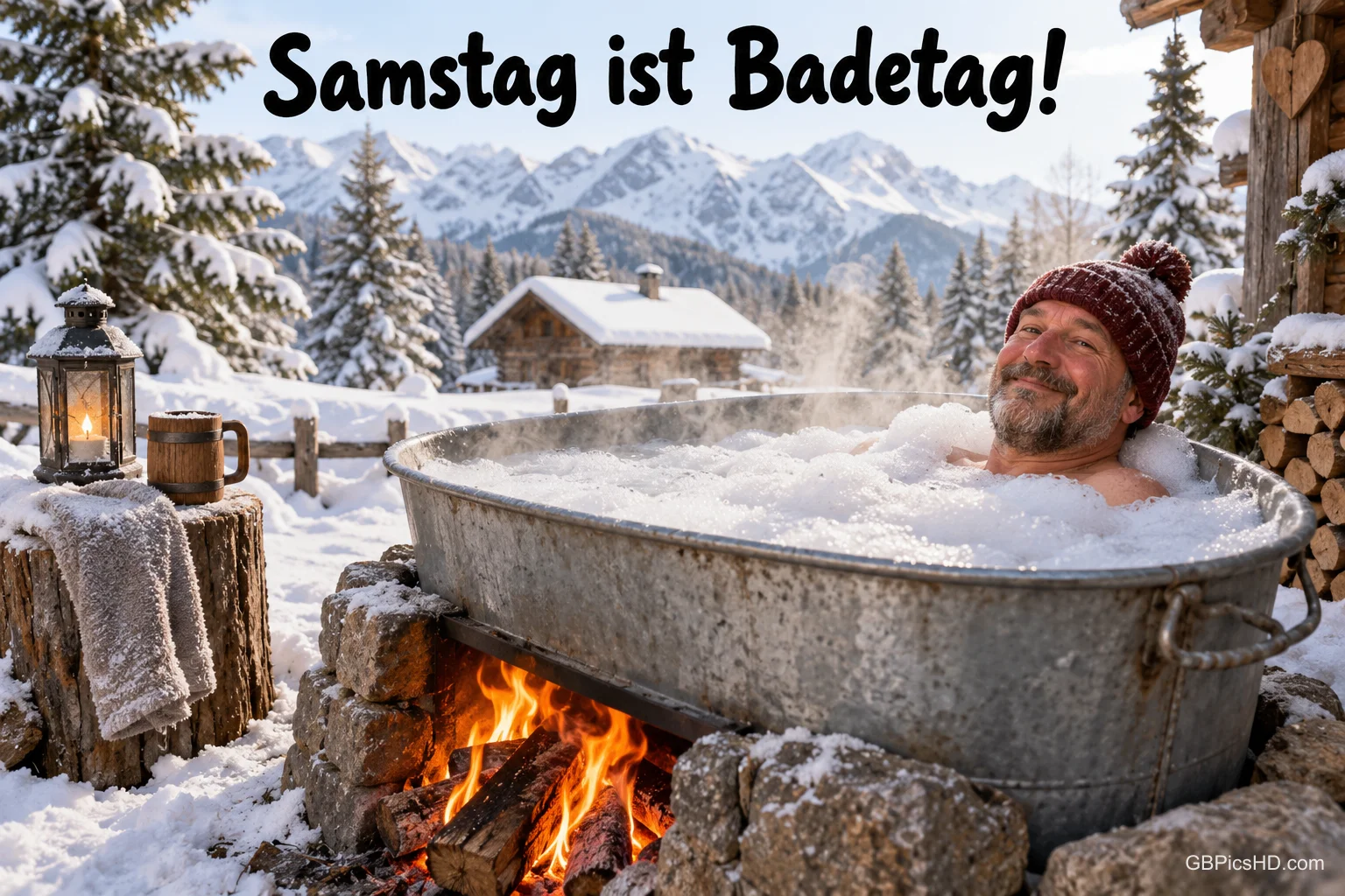 Ein Mann mit Wollmütze badet draußen im Schnee in einer Wanne über offenem Feuer: "Samstag ist Badetag!".