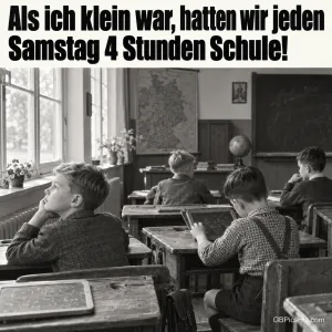 Schwarz-Weiß-Foto von Jungen an Schulbänken mit "Als ich klein war, hatten wir jeden Samstag 4 Stunden Schule!".