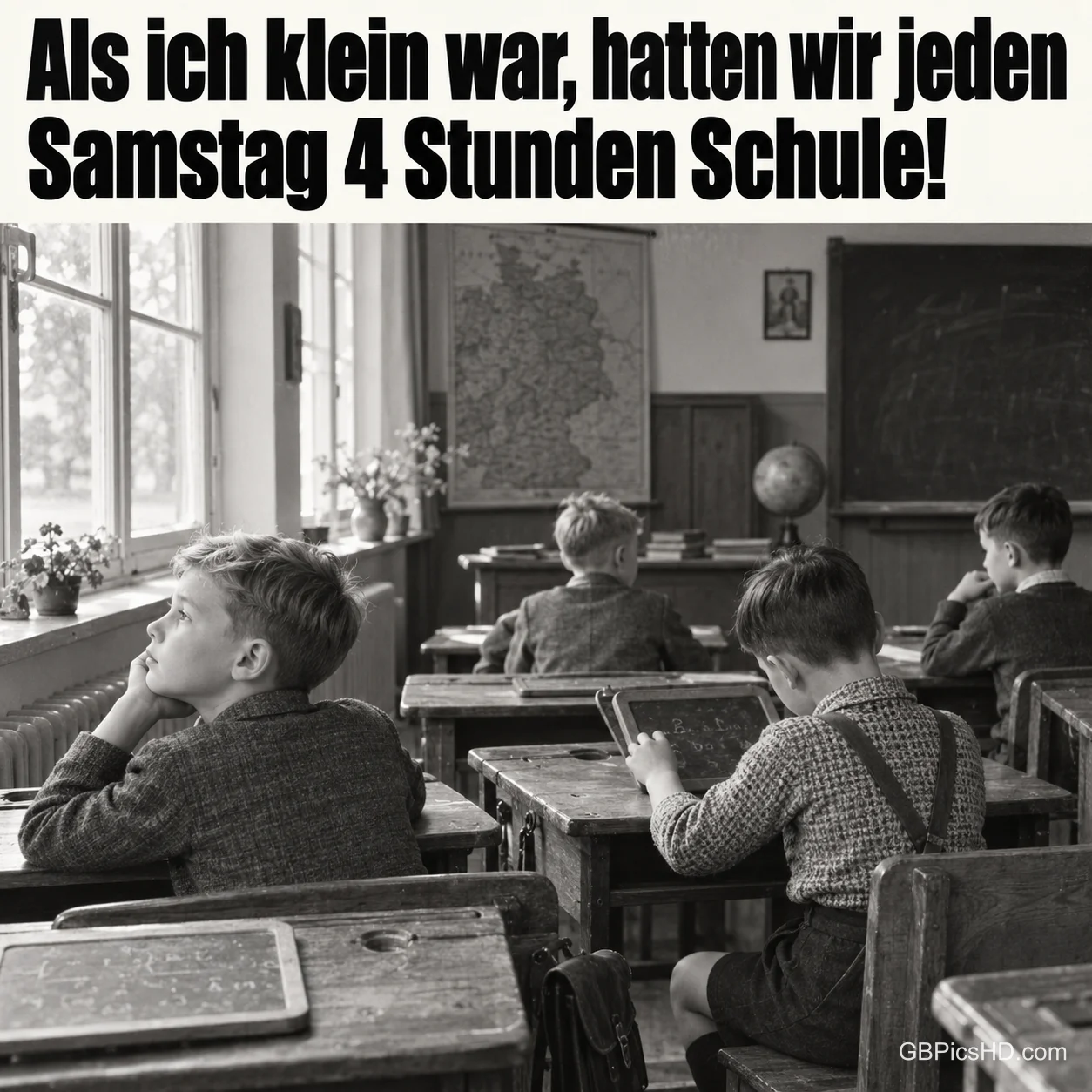 Schwarz-Weiß-Foto von Jungen an Schulbänken mit "Als ich klein war, hatten wir jeden Samstag 4 Stunden Schule!".