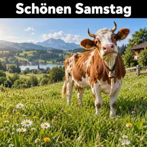 Eine braun-weiße Kuh mit Glocke steht auf einer Blumenwiese vor Bergen und einem See unter "Schönen Samstag".