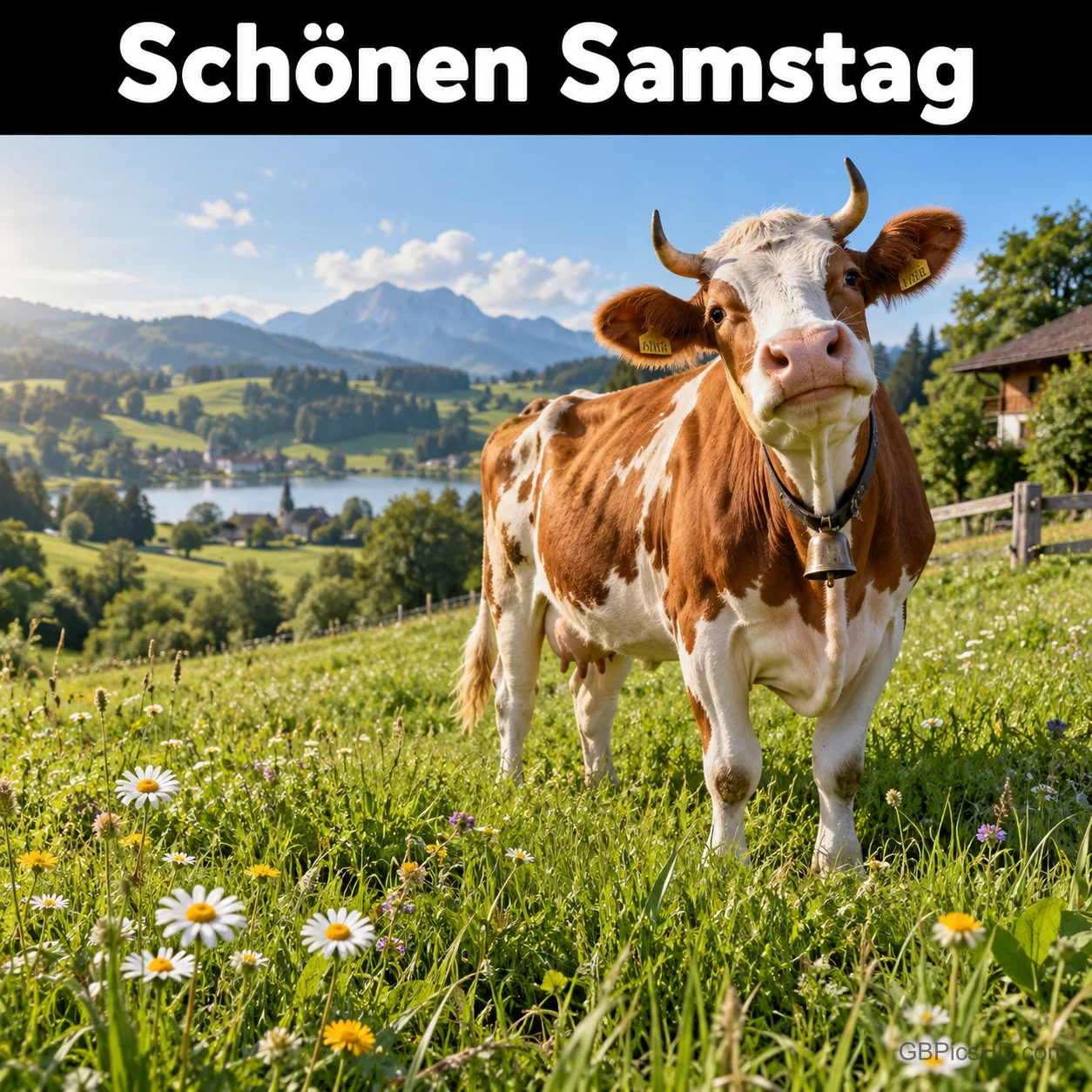 Eine braun-weiße Kuh mit Glocke steht auf einer Blumenwiese vor Bergen und einem See unter "Schönen Samstag".