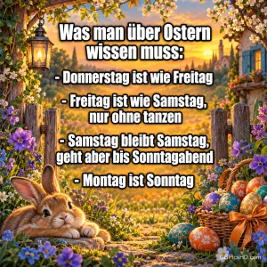 Ein Hase liegt neben bunten Ostereiern im blühenden Garten mit dem Text "Was man über Ostern wissen muss:".