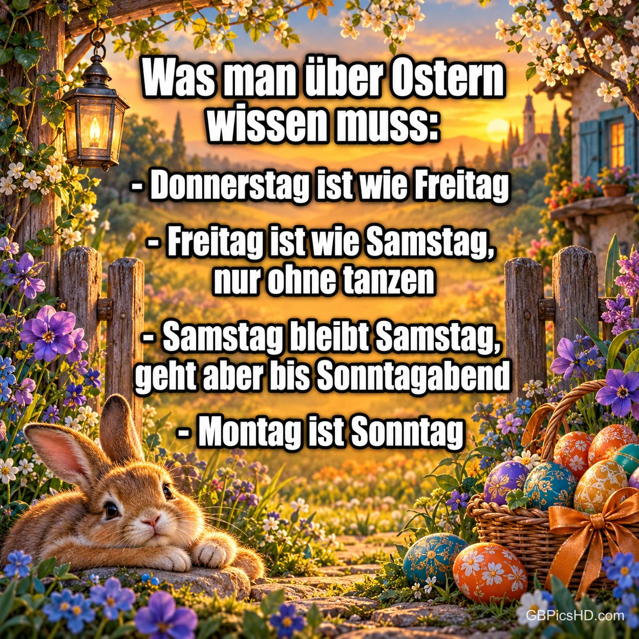 Ein Hase liegt neben bunten Ostereiern im blühenden Garten mit dem Text "Was man über Ostern wissen muss:". Ein Hase liegt neben bunten Ostereiern im blühenden Garten mit dem Text "Was man über Ostern wissen muss:".