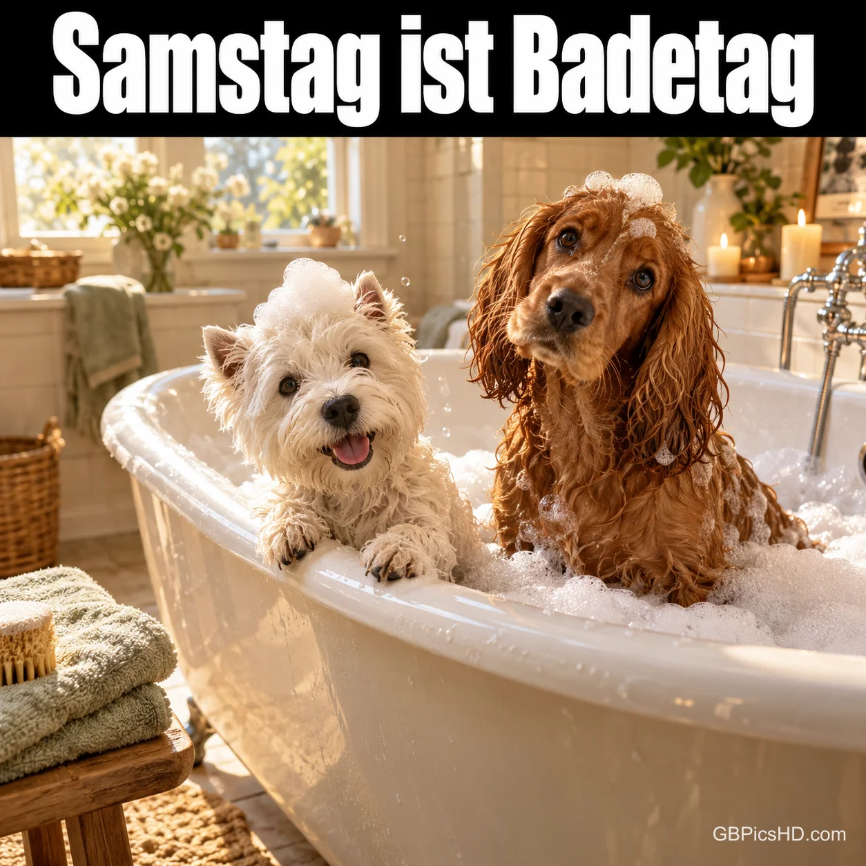 Zwei Hunde sitzen mit Schaum auf dem Kopf in einer Badewanne unter "Samstag ist Badetag".