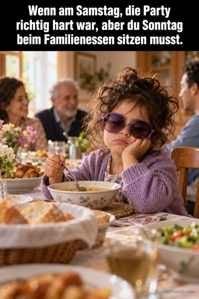 Ein müdes Kind mit Sonnenbrille am Esstisch: "Wenn am Samstag die Party richtig hart war, aber du Sonntag beim Familienessen sitzen musst.".