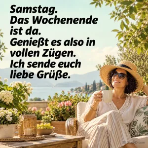 Eine Frau mit Sonnenhut und Tasse sitzt auf einer Terrasse am See beim Gruß "Samstag. Das Wochenende ist da.".