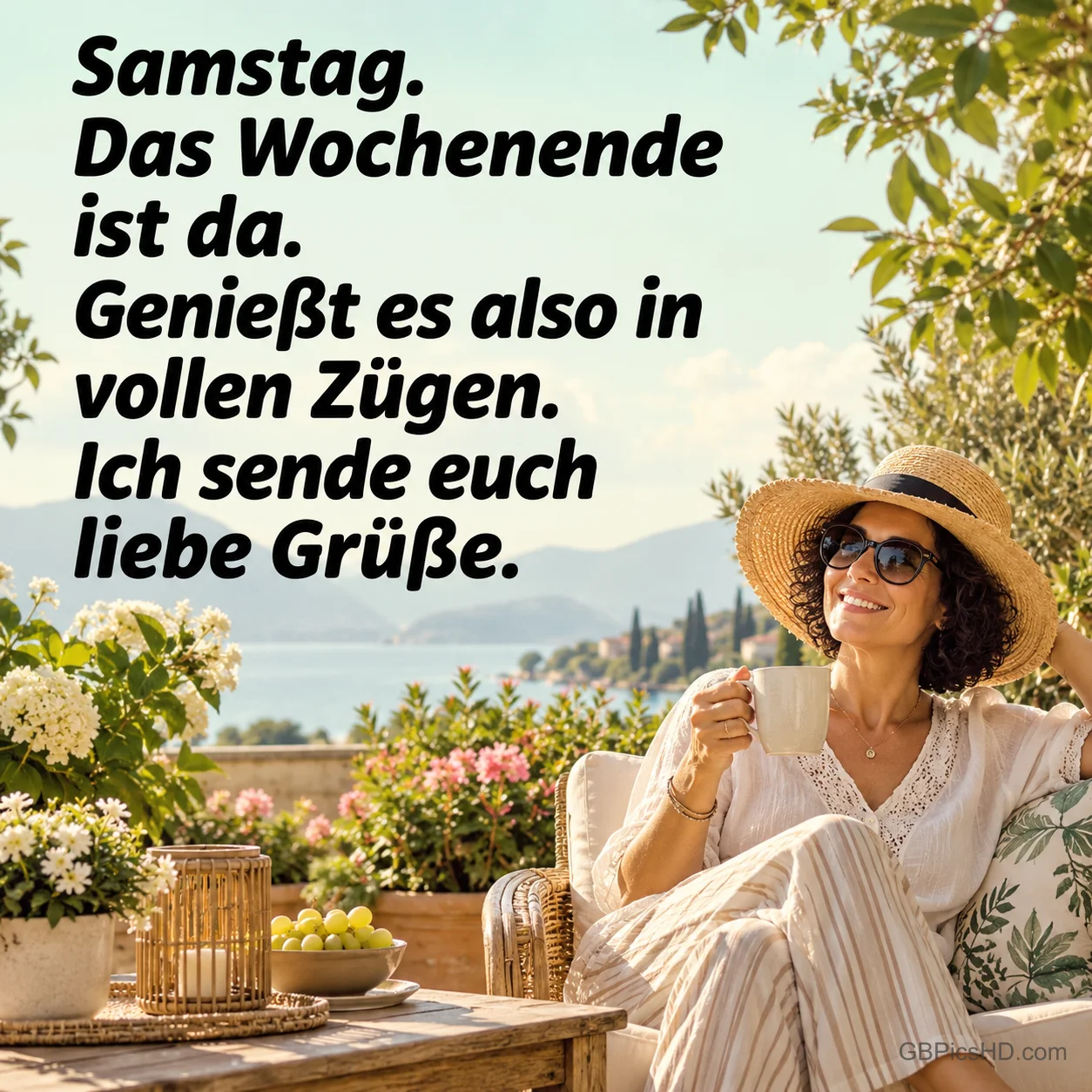 Eine Frau mit Sonnenhut und Tasse sitzt auf einer Terrasse am See beim Gruß "Samstag. Das Wochenende ist da.".
