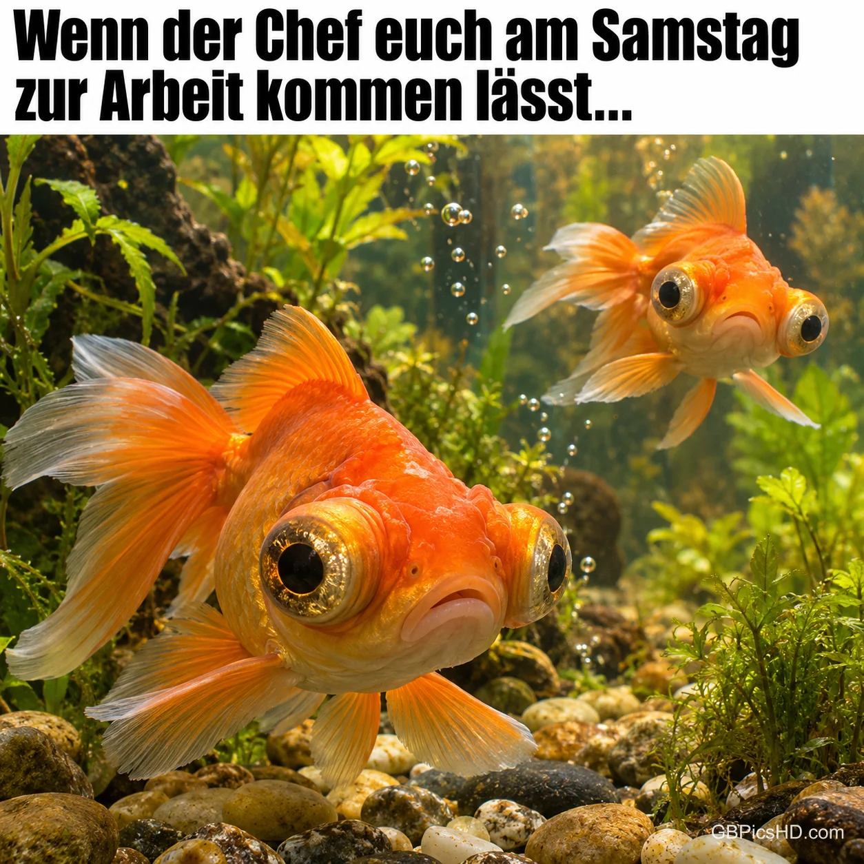 Zwei orange Goldfische im Aquarium stehen unter dem Spruch "Wenn der Chef euch am Samstag zur Arbeit kommen lässt...".