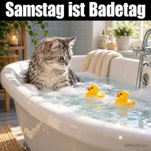 Eine nasse Katze sitzt mit zwei gelben Badeenten in einer Badewanne unter dem Spruch "Samstag ist Badetag".