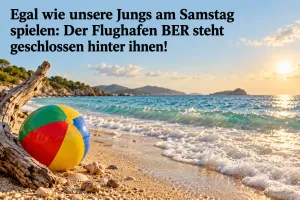 Ein bunter Ball liegt am sonnigen Strand beim Spruch "Der Flughafen BER steht geschlossen hinter ihnen!".