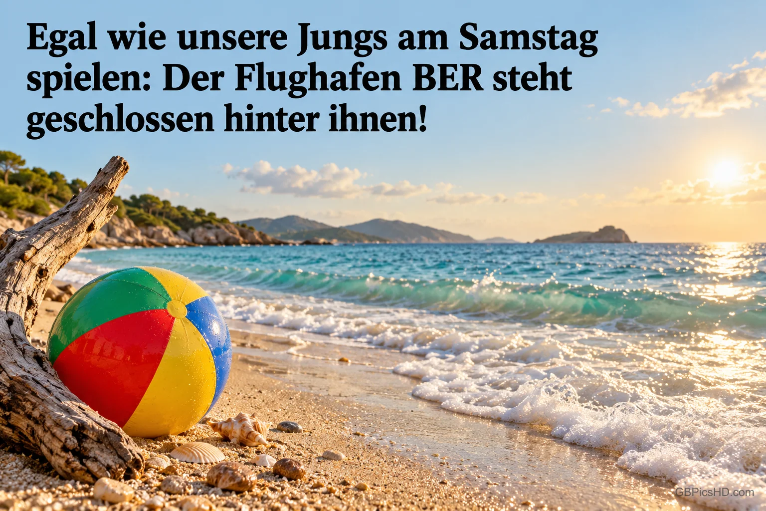 Ein bunter Ball liegt am sonnigen Strand beim Spruch "Der Flughafen BER steht geschlossen hinter ihnen!".