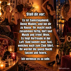 Frauen in Partykleidern stehen in einem warm beleuchteten Zimmer mit Weingläsern beim Text "Stell dir vor: Es ist Samstagabend.".