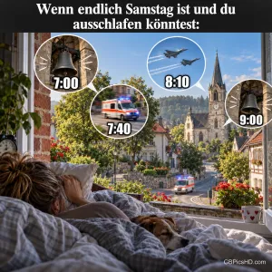 Eine Person und ein Hund liegen im Bett; Glocken, Rettungswagen und Jets ergänzen "Wenn endlich Samstag ist und du ausschlafen könntest:".