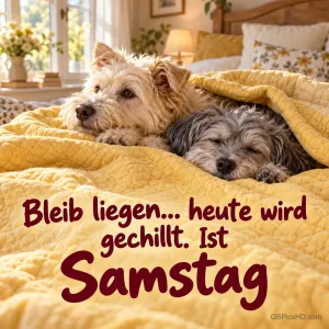 Zwei kleine Hunde kuscheln unter einer gelben Decke mit dem Spruch "Bleib liegen... heute wird gechillt. Ist Samstag".