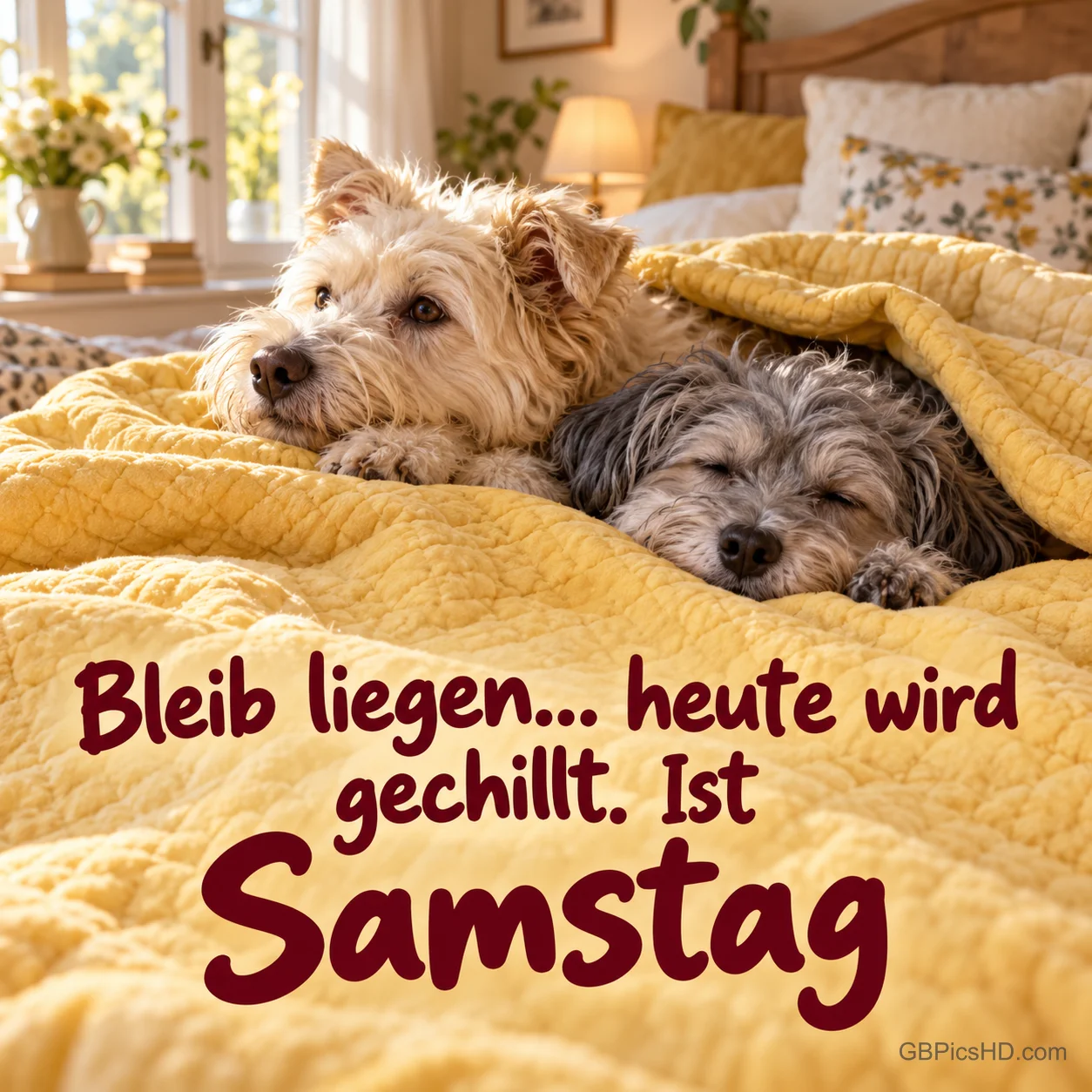 Zwei kleine Hunde kuscheln unter einer gelben Decke mit dem Spruch "Bleib liegen... heute wird gechillt. Ist Samstag".