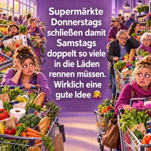 Gestresste Menschen mit vollen Einkaufswagen im Supermarkt und der ironische Spruch "Wirklich eine gute Idee".